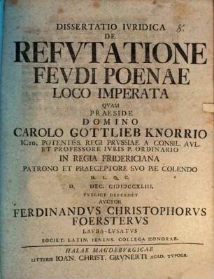 Diss. iur. de refutatione feudi poenae loco imperata