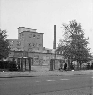 Hartsteinwerk "Glückauf": Willinghusener Landstraße: Werksgelände nach Stilllegung: Eingangstor: davor zwei Frauen auf Fußgängerweg: dahinter Werksgebäude mit Schornstein: rechts und links Bäume