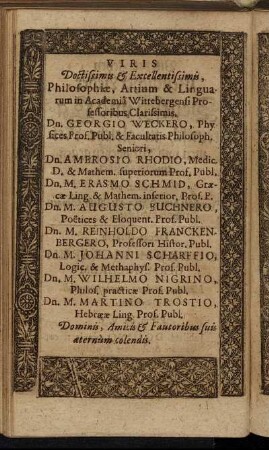 Viris Doctissimis [...] Dn. Georgio Weckero [...] Dn. Ambrosio Rhodio [...] Dn. M. Erasmo Schmid [...] Dn. M. Augusto Buchnero [...]