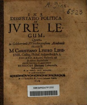 Dissertatio Politica De Iure Legum