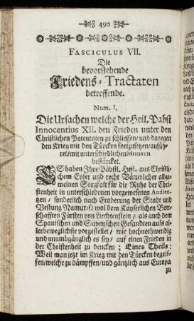 Fasciculus VII. Die bevorstehende Friedens-Tractaten betreffende.