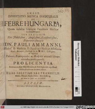Dissertatio Medica Inauguralis De Febre Hungaria