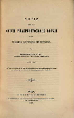 Anatomische, zoologische ... Abhandlungen in Separatabdrücken aus den Sitzungsberichten der math. naturwiss. Classe d. k. k. Akad. der Wissenschaften zu Wien : in 3 voll., 16