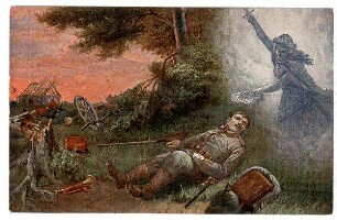 Völkerkrieg 1914/15 Nr. 3018: Dem Verdienst die Krone ... (Gedicht; Genius bekränzt sterbenden Krieger)