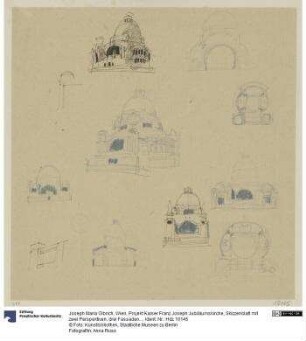 Wien, Projekt Kaiser Franz Joseph Jubiläumskirche, Skizzenblatt mit zwei Perspektiven, drei Fassaden und je zwei Grundrissen, Schnitten und Details