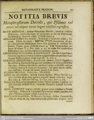 Notitia Brevis Metaphrastarum Davidis, qui Psalmos vel omnes aliquos variis linguis versibus expressere