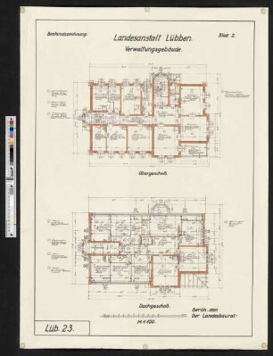 Bestandszeichnung des Verwaltungsgebäudes der Landesanstalt Lübben. Bl. 2 - Grundrisse Ober- und Dachgeschoss