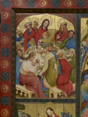 Wildunger Altar — Altar im geöffneten Zustand — Abendmahl, Christus am Ölberg, Kreuzigung, Auferstehung und Himmelfahrt — Das letzte Abendmahl