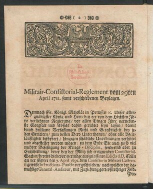 Militair-Consistorial-Reglement vom 29ten April 1711 ...