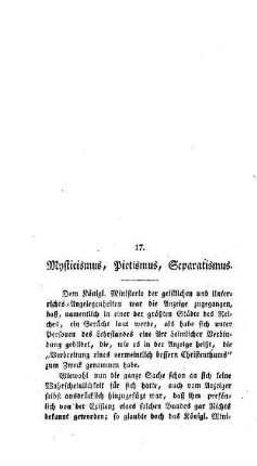 Mysticismus, Pietismus, Separatismus