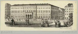Das 1838 fertiggestellte Neue Postgebäude von Albert Geutebrück am Augustusplatz in Leipzig, links die Poststraße, rechts das Geschäftshaus der Teubnerschen Druckerei und Verlagsbuchhandlung am Beginn des Grimmaischen Steinweges