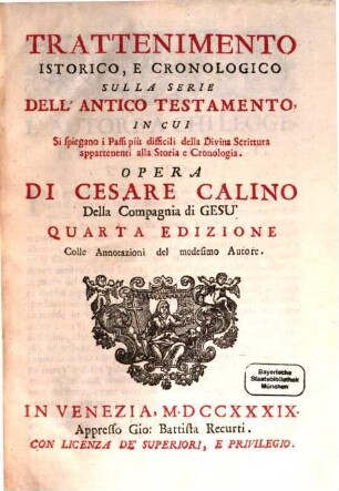 Caesaris Calini Trattenimento istorico e cronologico sulla serie dell'antico Testamento