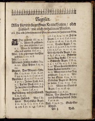 Register. Aller hierinn begriffenen Kranckheiten/ oder Zuständ/ wie auch enthaltenen Mittlen