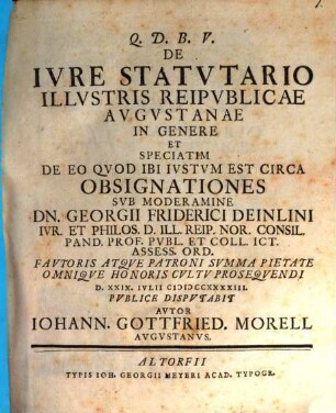 De iure statutario illustris reipublicae Augustanae in genere et speciatim de eo quod ibi iustum est circa obsignationes