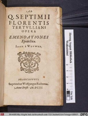 Ad Q. Septimii Florentis Tertulliani Opera Emendationes Epidicticae