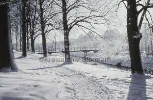 Beste: Kurpark: in der Mitte Weg zwischen Bäumen mit Spuren im Schnee: hinten Mitte Fußgängerbrücke: dahinter Büsche und Häuser