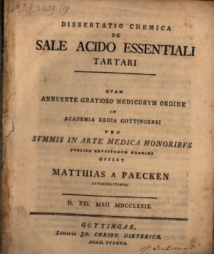 Diss. chemica de sale acido essentiali tartari