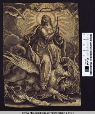 Die Heilige Margareta auf dem Drachen wird von zwei Engeln mit Palmzweigen bekränzt