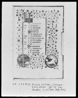 Fragment eines Stundenbuches — Kalenderseite mit Miniaturen und Bordüre, Folio 10verso