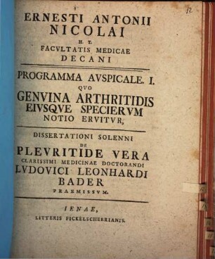 Programma ausp. ... quo Genuina arthritidis eiusque specierum notio eruitur, I.