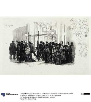 Theaterkasse, die Käufer schieben sich von rechts an die erleuchtete Kasse und entfernen sich nach links, zu Heinrich von Kleist "Der Zerbrochene Krug"