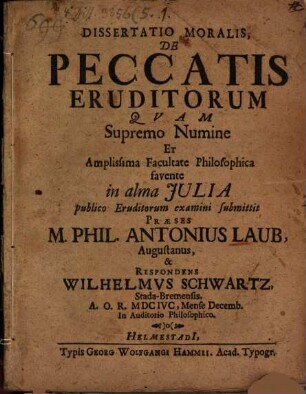 Dissertatio Moralis, De Peccatis Eruditorum