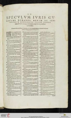 In Specvlvm Ivris Gvlielmi Dvrandi, rervm ac sententiarvm memorabilivm sparsim traditarum Index copiosissimus, optimo[que]; ordine collectus
