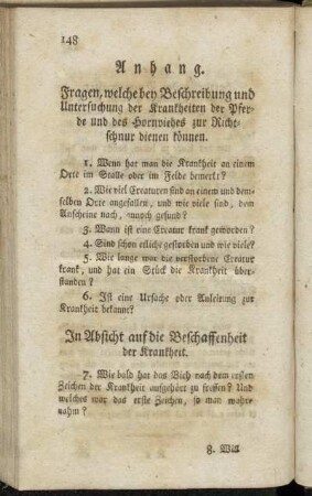 Anhang. Fragen, welche bey Beschreibung und Untersuchung der Krankheiten der Pferde und des Hornviehes zur Richtschnur dienen können.