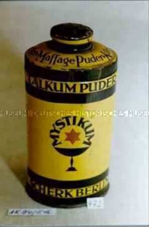 Blechdose mit "TALKUM PUDER MYSTIKUM SCHERK BERLIN"