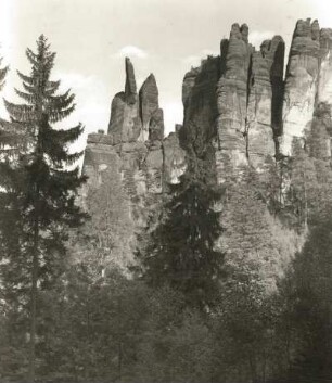 Sächsische Schweiz, Affensteine. Brosinnadel und Flachsköpfe von Westen