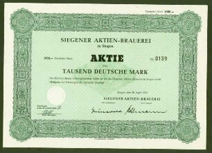 Siegener Aktien-Brauerei, 1.000 Deutsche Mark, Nr. 0139, Siegen den 28. April 1951