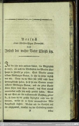 Versuch eines schriftmäßigen Beweises, daß Joseph der wahre Vater Christi sey