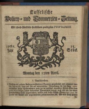 15. Stueck, Montag den 13ten April 1767