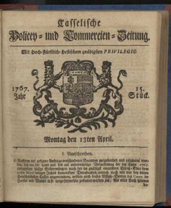 15. Stueck, Montag den 13ten April 1767