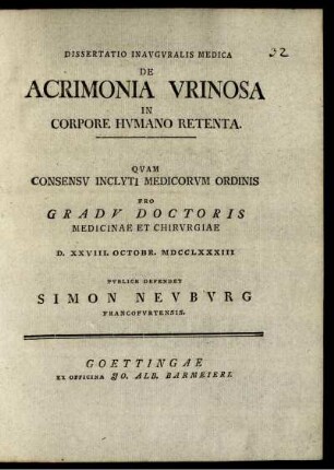 Dissertatio Inauguralis Medica De Acrimonia Urinosa In Corpore Humano Retenta