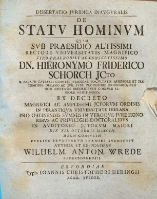 Dissertatio Jvridica Inavgvralis De Statv Hominvm
