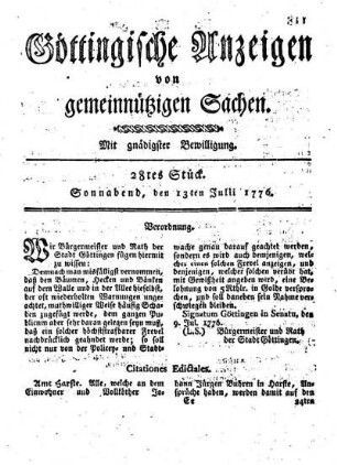 28tes Stück. Sonnabend, den 13ten Julii 1776.