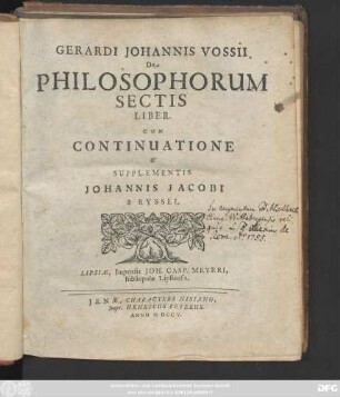 Gerardi Johannis Vossii De Philosophorum Sectis Liber