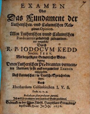 Examen Uber Das Fundament der Lutherischen, und Calvinischen Religions Opinion