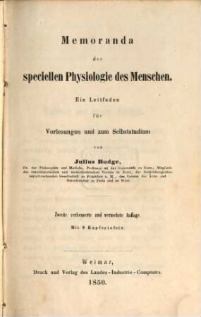 Memoranda der speciellen Physiologie des Menschen : ein Leitfaden für Vorlesungen und zum Selbststudium ; mit 9 Kupfertafeln