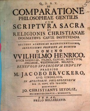 De Comparatione Philosophiae Gentilis Cvm Scriptvra Sacra Et Religionis Christianae Dogmatibvs Cavte Institvenda