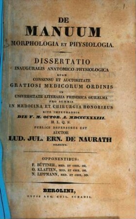 De manuum morphologia et physiologia : diss. inaug. anat.-physiol.