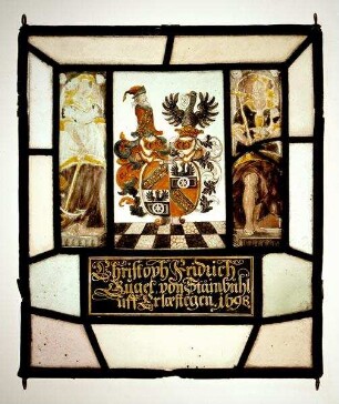 Fragmente einer Kabinettscheibe des Christoph Friedrich Gugel von Steinbühl auf Erlenstegen (1648-1706) mit Wappen der Nürnberger Familien Gugel und Koler (Cöler), flankiert von Hoffnung und Glauben