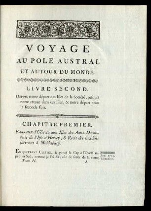 Chapitre Premier. Passage d'Uliétéa aux Isles des Amis. Découverte de l'Isle d'Hervey, & Récit des incidens survenus à Middelburg.