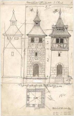 Thiersch, August ; Transformationsstationen, Masttransformatoren, Entwürfe - Grundriss, Ansichten