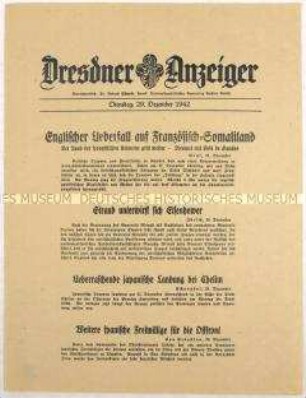 Nachrichtenblatt "Dresdner Anzeiger" u.a. zum Einmarsch britischer Truppen in Französisch-Somaliland