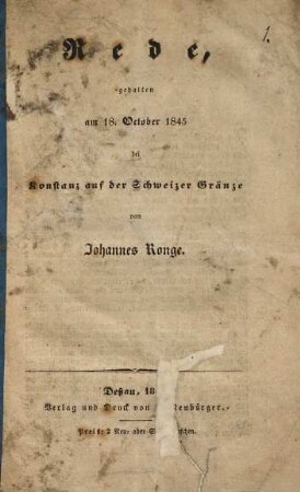 Rede, gehalten am 18. October 1845 bei Konstanz auf der Schweizer Gränze