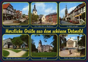 Postkarte: Herzliche Grüße aus dem schönen Detmold. Lange Straße, Erl.-Kirche u. Rathaus, Schülerstraße, Westf. Freilichtmuseum, Schloß, Lipp. Landestheater
