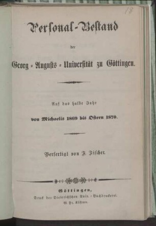 WS 1869/70: Personal-Bestand der Georg-Augusts-Universität zu Göttingen