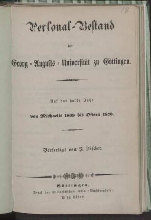 WS 1869/70: Personal-Bestand der Georg-Augusts-Universität zu Göttingen